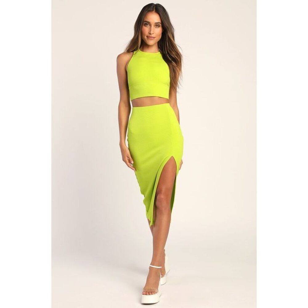 Lulus Absolute Edge Lime Green Sleeveless Two-piece Bodycon Midi Dress - Size L
